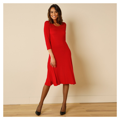 Blancheporte Jednobarevné šaty s vyšívanou vsadkou tmavě červená