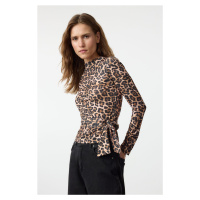 Trendyol Brown Leopard Print Tie Detailed Stand Collar Body-Fitted Knitted Blouse