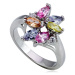 Lesklý kovový prsten - květ, barevné slzičkové a kulaté zirkony