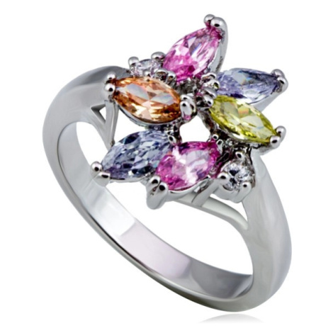 Lesklý kovový prsten - květ, barevné slzičkové a kulaté zirkony Šperky eshop