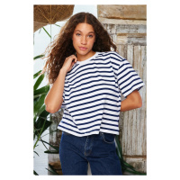 Trendyol námořnický modrý pruhovaný 100% bavlněný asymetrický volný/relaxovaný pletený tričko