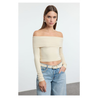 Trendyol Stone Carmen Collar Crop/Short Flexible Knitted Blouse