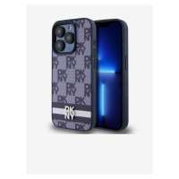 PU Leather Checkered Pattern and Stripe Zadní Kryt pro iPhone 15 Pro Blue DKNY