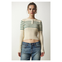 Happiness İstanbul Women's Cream Green Buttoned Collar Ribbed Crop Knitwear Blouse