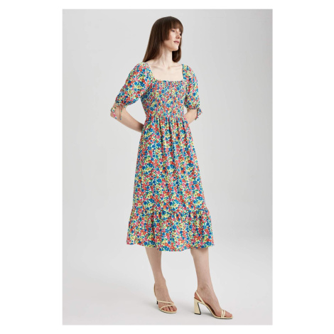 DEFACTO Square Neck Floral Balloon Sleeve Midi Short Sleeve Dress