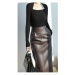 Kožená tužková sukně midi s vysokým pasem - HNĚDÁ