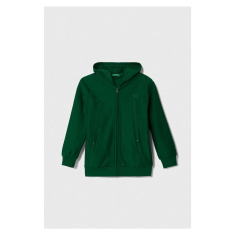 Dětská bavlněná mikina United Colors of Benetton zelená barva, s kapucí, hladká