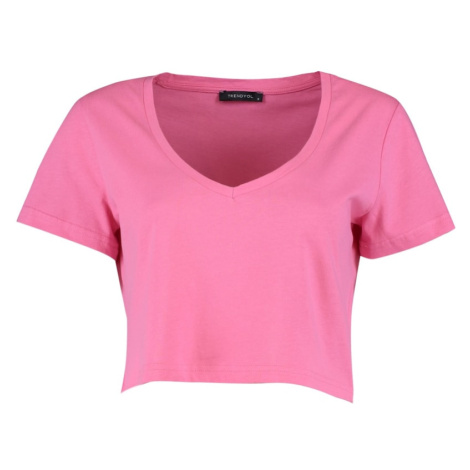 Trendyol Grey-Pink 100% Cotton Single Jersey 2-Pack V-Neck Crop Knitted T-Shirt