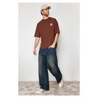 Trendyol Dark Brown Oversize Embroidered 100% Cotton T-Shirt