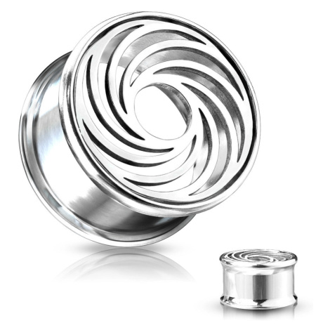 Ocelový plug stříbrné barvy - linie v podobě víru, kulatý výřez uprostřed - Tloušťka : 25 mm Šperky eshop