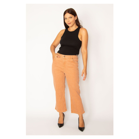 Şans Women's Large Size Orange Ankle Length 5 Pocket Jeans Trousers