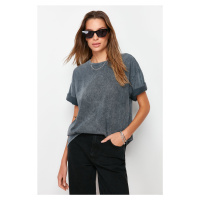 Trendyol Anthracite 100% Cotton Faded Effect Back Printed Oversize/Comfort Fit Knitted T-Shirt