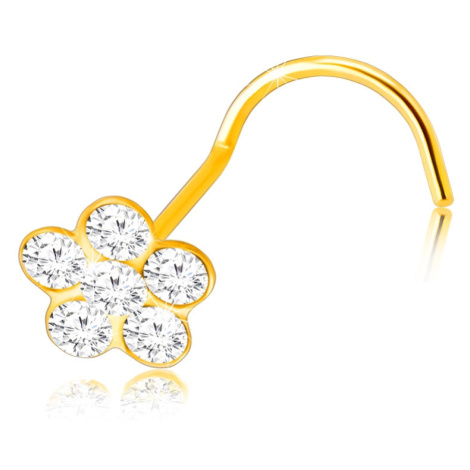 Piercing ze žlutého zlata 375 se zahnutým koncem - květ s čirými kulatými okvětními lístky Šperky eshop