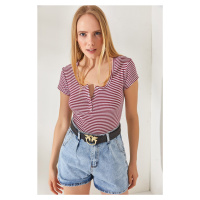 Olalook Women's Striped Claret Red Camisole Blouse with Snap