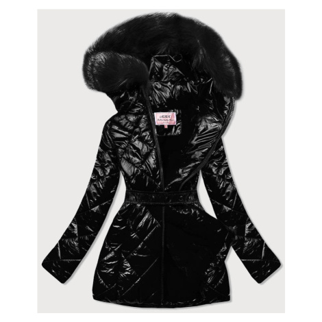 Černá lesklá zimní bunda s mechovitým kožíškem a s černou kožešinou (W756) MHM