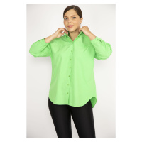 Şans Women's Plus Size Green Poplin Shirt with Buttons