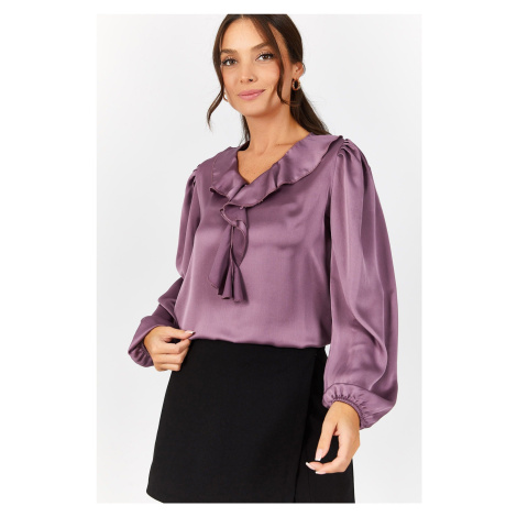 armonika Women's Purple Satin Blouse with Frilled Collar on the Shoulders and Elasticated Sleeve