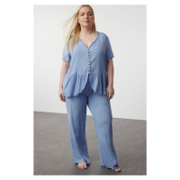 Trendyol Curve Blue V-Neck Button-Woven Pajama Set