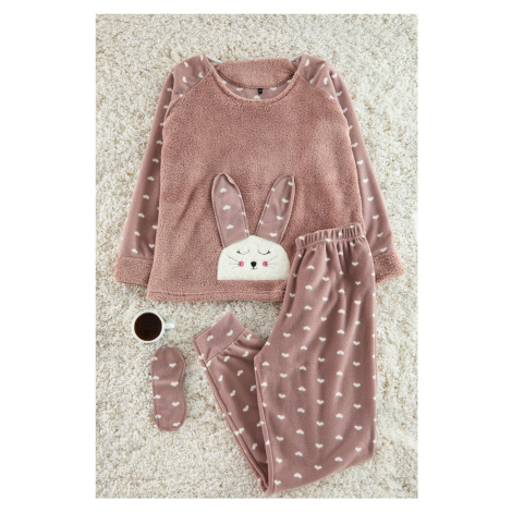 Trendyol Beige 3-Piece Heart Sleep Band Fleece Knitted Pajama Set