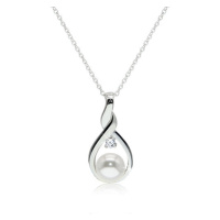 Stříbrný 925 náhrdelník - kontura zatočené slzy s bílou perlou a čirým zirkonem uprostřed