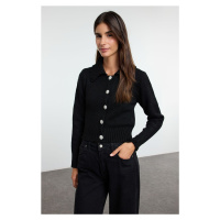 Trendyol Black Crop Soft Texture Jeweled Button Knit Cardigan