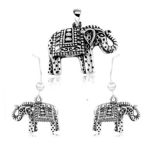 Stříbrný 925 set, náušnice a přívěsek, gravírovaný slon s černou patinou Šperky eshop