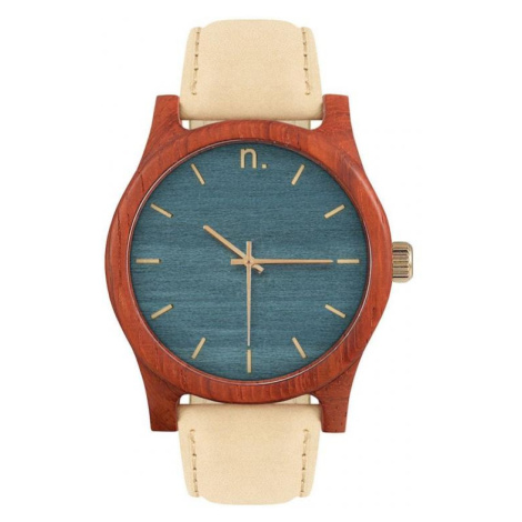 Dřevěné pánské hodinky béžovo-modré barvy s koženým řemínkem