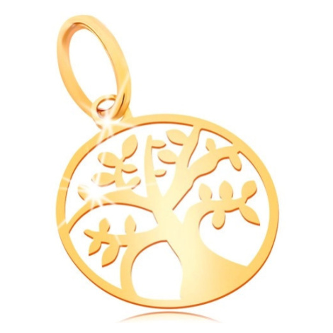 Přívěsek ze žlutého zlata 585 - malý lesklý plochý strom života v kruhu Šperky eshop