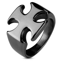 Mohutný černý prsten z oceli 316L, hladký lesklý maltézský kříž