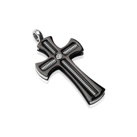 Přívěsek z chirurgické oceli - černý kříž se závitovou tyčí a čirým zirkonem Šperky eshop