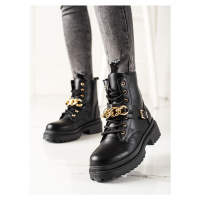 Designové dámské černé kotníčkové boty na plochém podpatku