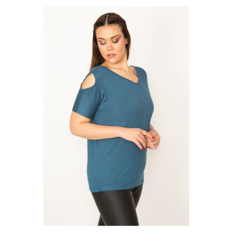 Şans Women's Plus Size Oil Viscose Blouse with Low-Cut Off Shoulder