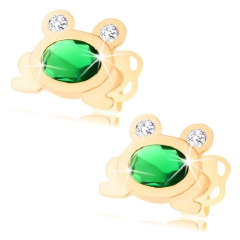 Zlaté náušnice 585 - malá blýskavá žabka se zeleným oválem a čirýma očima Šperky eshop
