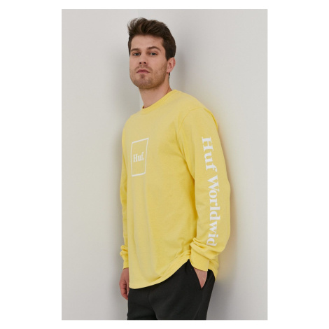 Bavlněné tričko s dlouhým rukávem HUF žlutá barva, s potiskem