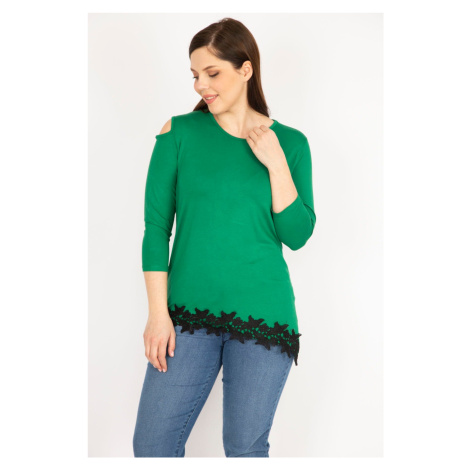 Şans Women's Green Plus Size One Shoulder Decollete Lace Hem Blouse