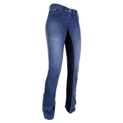 Kalhoty jezdecké Summer Denim HKM, s celokoženým sedem, prodloužené, jeans blue/deep blue