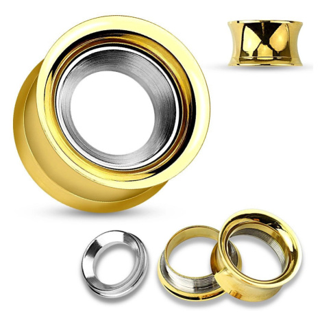 Ocelový tunel do ucha zlaté barvy s kruhem ve stříbrném odstínu, vysoký lesk - Tloušťka : 25 mm Šperky eshop