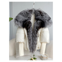 Zimní bunda s peřím a pravým kožíškem lišky - BÉŽOVÁ