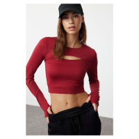 Trendyol Burgundy Crop Window/Cut Out and Thumb Hole Detailed Knitted Sports Top/Blouse