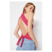 Trendyol Fuchsia With Open Back, Fitted Stand-Up Collar Crop Corduroy, Flexible Knitted Blouse