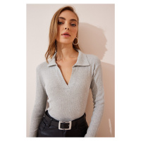 Happiness İstanbul Women's Gray Melange Polo Neck Ribbed Knitted Blouse