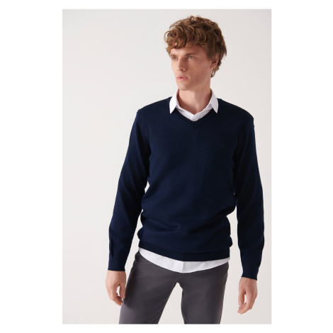 Avva Men's Navy Blue V Neck Wool Blended Regular Fit Knitwear Sweater
