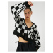 Koton Crop Cardigan Knitted V-Neck Buttoned Checkerboard Pattern Ribbed