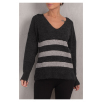armonika Women's Anthracite Lily V-Neck Striped Knitwear Sweater