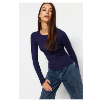 Trendyol Navy Blue Ribbed Crew Neck Fitted Cotton Stretch Knitted Blouse