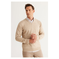 ALTINYILDIZ CLASSICS Men's Beige Standard Fit Normal Cut V-Neck Knitwear Sweater.