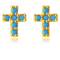 Náušnice z 9K zlata - drobný latinský křížek ozdobený kulatými tyrkysy, puzetky
