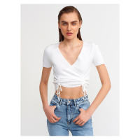 Dilvin 10194 Double-breasted Collar Pleated Front Tricot Crop-ecru.