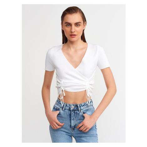 Dilvin 10194 Double-breasted Collar Pleated Front Tricot Crop-ecru.