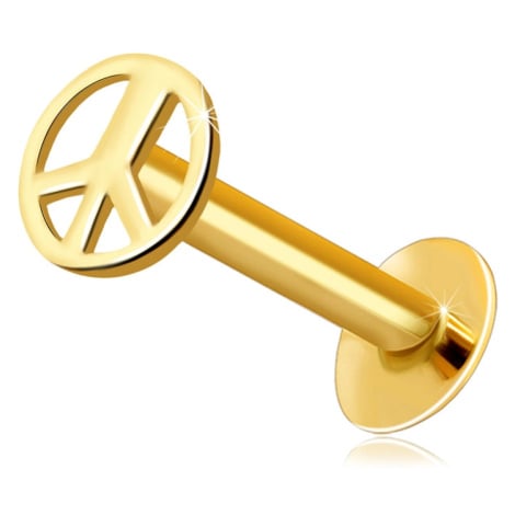 Zlatý 9K piercing do rtu a brady - kulatý symbol míru, lesklý povrch Šperky eshop